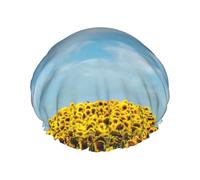 Xiso Ver Blooming Sunflower Field Shower Cap for Women Double Waterproof Layers Bath Hat Elastic and Reusable Hair Caps for Long Thick Hair Soft Bath Shower Hair Hats