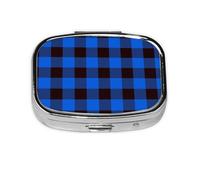 Xiso Ver Buffalo Plaid Blue Black Pill Box Portable Metal Pill Organizer 2 Compartment Medicine Small Pill Case for Purses Compact Travel Medicine Holder for Vitamins Medication