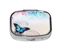 Xiso Ver Butterfly in Blossoms Zen Pill Box Portable Metal Pill Organizer 2 Compartment Medicine Small Pill Case for Purses Compact Travel Medicine Holder for Vitamins Medication