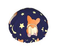 Xiso Ver Corgi Lying With Moons And Stars Shower Cap for Women Double Waterproof Layers Bath Hats Elastic and Reusable Hair Caps for Long Thick Hair Soft Bath Shower Hair Hat