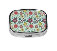 Xiso Ver Doodle and Cartoon Flowers Pill Box Portable Metal Pill Organizer 2 Compartment Medicine Small Pill Case for Purses Compact Travel Medicine Holder for Vitamins Medication