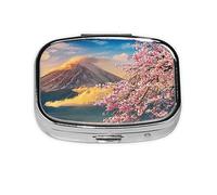 Xiso Ver Fuji Mountain and Cherry Blossoms in Spring Pill Box Portable Metal Pill Organizer 2 Compartment Medicine Small Pill Case for Purses Compact Travel Medicine Holder for Vitamins Medication