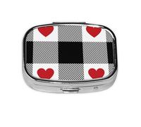 Xiso Ver Heart Black Buffalo Plaid Gingham Pill Box Portable Metal Pill Organizer 2 Compartment Medicine Small Pill Case for Purses Compact Travel Medicine Holder for Vitamins Medication