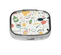 Xiso Ver Kitchen Doodle Pattern Pill Box Portable Metal Pill Organizer 2 Compartment Medicine Small Pill Case for Purses Compact Travel Medicine Holder for Vitamins Medication