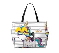 Xiso Ver Large Beach Tote Bag for Women Extra Large Capacity Waterproof Sandproof Pool Bag Suitable for Swimming Pool Gym Groceries Travel - Cool Unicorn with Sunglasses, Black, One Size