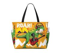 Xiso Ver Large Beach Tote Bag for Women Extra Large Capacity Waterproof Sandproof Pool Bag Suitable for Swimming Pool Gym Groceries Travel - Cool Dinosaur Playing Guitar, Black, One Size