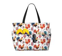 Xiso Ver Large Beach Tote Bag for Women Extra Large Capacity Waterproof Sandproof Pool Bag Suitable for Swimming Pool Gym Travel Groceries Roosters and Flowers, Black, One Size