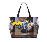 Xiso Ver Large Beach Tote Bag for Women Extra Large Capacity Waterproof Sandproof Pool Bag Suitable for Swimming Pool Gym Groceries Travel - Still Life Flowers, Black, One Size