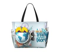 Xiso Ver Large Beach Tote Bag for Women Extra Large Capacity Waterproof Sandproof Pool Bag Suitable for Swimming Pool Gym Groceries Travel - Let's go Travel Around the World, Black, One Size