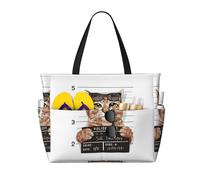 Xiso Ver Large Beach Tote Bag for Women Extra Large Capacity Waterproof Sandproof Pool Bag Suitable for Swimming Pool Gym Groceries Travel - Cat Holding Mugshot Sign, Black, One Size