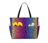 Xiso Ver Large Beach Tote Bag for Women Extra Large Capacity Waterproof Sandproof Pool Bag Suitable for Swimming Pool Gym Groceries Travel - Leopard Neon Rainbow Gradient