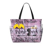 Xiso Ver Large Beach Tote Bag for Women Extra Large Capacity Waterproof Sandproof Pool Bag Suitable for Swimming Pool Gym Travel Groceries Staying Positive, Black, One Size