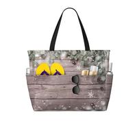 Xiso Ver Large Beach Tote Bag for Women Extra Large Capacity Waterproof Sandproof Pool Bag Suitable for Swimming Pool Gym Groceries Travel - Christmas Fir Tree Branch And Snowflake On Wooden, Black,