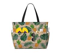 Xiso Ver Large Beach Tote Bag for Women Extra Large Capacity Waterproof Sandproof Pool Bag Suitable for Swimming Pool Gym Groceries Travel - Pineapples Palm Leaves Wooden Background, Black, One Size