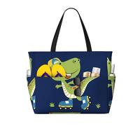 Xiso Ver Large Beach Tote Bag for Women Extra Large Capacity Waterproof Sandproof Pool Bag Suitable for Swimming Pool Gym Groceries Travel - Dino Playing Roller Skate, Black, One Size