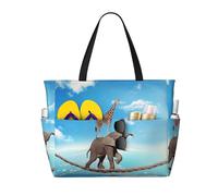 Xiso Ver Large Beach Tote Bag for Women Extra Large Capacity Waterproof Sandproof Pool Bag Suitable for Swimming Pool Gym Groceries Travel - Elephant Giraffe Overcomes Fear By Walking On High Rope,
