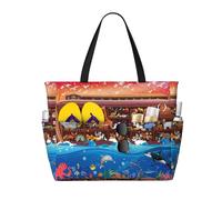 Xiso Ver Large Beach Tote Bag for Women Extra Large Capacity Waterproof Sandproof Pool Bag Suitable for Swimming Pool Gym Groceries Travel - Animals On Noah's Ark, Black, One Size