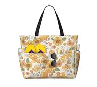 Xiso Ver Large Beach Tote Bag for Women Extra Large Capacity Waterproof Sandproof Pool Bag Suitable for Swimming Pool Gym Groceries Travel - Groovy Hippie Flower Mushrooms, Black, One Size