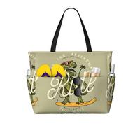 Xiso Ver Large Beach Tote Bag for Women Extra Large Capacity Waterproof Sandproof Pool Bag Suitable for Swimming Pool Gym Groceries Travel - Ride The Wave Dinosaur Surfer In Sunglasses Vintage