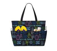 Xiso Ver Large Beach Tote Bag for Women Extra Large Capacity Waterproof Sandproof Pool Bag Suitable for Swimming Pool Gym Travel Groceries Hand Drawn Doodle Travel, Black, One Size