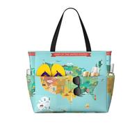 Xiso Ver Large Beach Tote Bag for Women Extra Large Capacity Waterproof Sandproof Pool Bag Suitable for Swimming Pool Gym Groceries Travel - USA Tourist Map With Famous Landmarks, Black, One Size