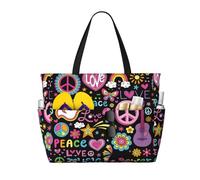 Xiso Ver Large Beach Tote Bag for Women Extra Large Capacity Waterproof Sandproof Pool Bag Suitable for Swimming Pool Gym Groceries Travel - Peace Love and Dove Flower Power, Black, One Size