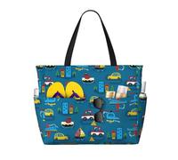 Xiso Ver Large Beach Tote Bag for Women Extra Large Capacity Waterproof Sandproof Pool Bag Suitable for Swimming Pool Gym Groceries Travel - Transportations with Buildings, Black, One Size