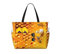 Xiso Ver Large Beach Tote Bag for Women Extra Large Capacity Waterproof Sandproof Pool Bag Suitable for Swimming Pool Gym Groceries Travel - Bees on Hive Honeycomb, Black, One Size