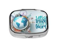 Xiso Ver Let's go Travel Around The World Pill Box Portable Metal Pill Organizer 2 Compartment Medicine Small Pill Case for Purses Compact Travel Medicine Holder for Vitamins Medication