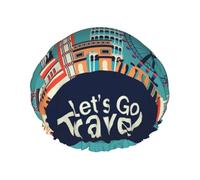 Xiso Ver Let's go Travel Shower Cap for Women Double Waterproof Layers Bath Hats Elastic and Reusable Hair Caps for Long Thick Hair Soft Bath Shower Hair Hat