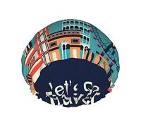 Xiso Ver Let's go Travel Shower Cap for Women Double Waterproof Layers Bath Hats Elastic and Reusable Hair Caps for Long Thick Hair Soft Bath Shower Hair Hat