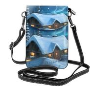 Xiso Ver Mountain Cottage In Snow And Northern Lights Print Small Crossbody Bags for Women Leather Cell Phone Purses Mini Leather Shoulder Handbag Adjustable Strap, Black, One Size