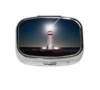 Xiso Ver Peggy's Cove Lighthouse Pill Box Portable Metal Pill Organizer 2 Compartment Medicine Small Pill Case for Purses Compact Travel Medicine Holder for Vitamins Medication