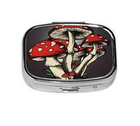 Xiso Ver Red Mushrooms, Hand Painted Mushrooms Pill Box Portable Metal Pill Organizer 2 Compartment Medicine Small Pill Case for Purses Compact Travel Medicine Holder for Vitamins Medication