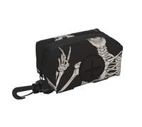 Xiso Ver Rock and Roll Skeleton Skull1 Print Dog Poop Bag Holder for Leash Doggie Waste Bag Dispenser Soft Fabric Zipper Small Doggy Puppy Pouch with Carabiner Clip