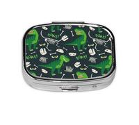 Xiso Ver T rex and Dinosaur Bone Pill Box Portable Metal Pill Organizer 2 Compartment Medicine Small Pill Case for Purses Compact Travel Medicine Holder for Vitamins Medication