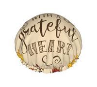 Xiso Ver Thanksgiving With A Grateful Heart Shower Cap for Women Double Waterproof Layers Bath Hats Elastic and Reusable Hair Caps for Long Thick Hair Soft Bath Shower Hair Hat