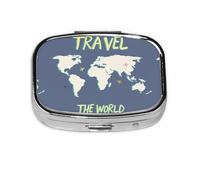 Xiso Ver Travel The World Pill Box Portable Metal Pill Organizer 2 Compartment Medicine Small Pill Case for Purses Compact Travel Medicine Holder for Vitamins Medication
