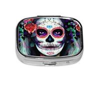 Xiso Ver Woman's Skull Pill Box Portable Metal Pill Organizer 2 Compartment Medicine Small Pill Case for Purses Compact Travel Medicine Holder for Vitamins Medication