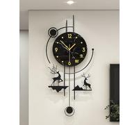 XIUCAI Modern Minimalist Pendulum Wall Clock, Large Black Metal Frame, Silent Non-Ticking Quartz Movement, Deer Decor for Living Room, Office Home Decor,Large