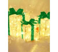 XIUCAI Set of 3 Christmas Lighted Gifts Boxes with LED Lights, Indoor Outdoor DIY Holiday Decor with Lighting, Battery Powered Xmas Decor Gift Box,Green,Colorful Light
