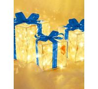 XIUCAI Set of 3 Christmas Lighted Gifts Boxes with LED Lights, Indoor Outdoor DIY Holiday Decor with Lighting, Battery Powered Xmas Decor Gift Box,Blue,Colorful Light