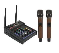 Xiuganpo 4 Channel Small Bluetooth Stereo Mixer with 2 Wireless Microphones, DSP Effector, Dual Equalizer for Live Streaming, Home Karaoke
