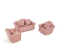 Xiuganpo Mini Dollhouse Sofa Set Wood + Fabric Orange Red Gold Striped 3-Piece with 4 Pillows for Children's Gift