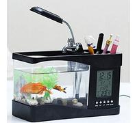 Xiuganpo Mini USB Aquarium Fish Tank with LCD Digital Display Clock, Colorful LED Light, Multifunctional Storage Box & Pen Container for Desk Decor (Black)