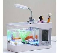 Xiuganpo Mini USB Desktop Aquarium Fish Tank with LCD Digital Display Clock, Colorful LED Light, and Pen Storage for Home Office Desk Decor (White)