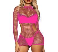 XIUSEMY Womens Lingerie Fishnet Dress Mesh Bodysuit See Through Beachwear(RoseRed LY)