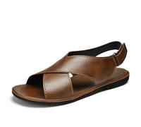 XIUsheUA Vintage Summer Men's Sandals Leather Men Casual Shoes Outdoor Open-toe Beach Shoes For Male Leisure Walk Flats for Beach, Walking(Brown,47)