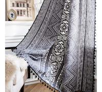 XIUWOUG 1Panel Boho Linen Black Semi Sheer Curtain for Living Room,Light Filtering Rod Pocket Window Drapes,Vintage Style Tassel Curtain Aesthetic Window Decor,B,150W×240cmL1P