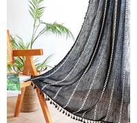 XIUWOUG 1Panel Linen Cotton Black Boho Embroidered Curtains,Semi Blackout Rod Pocket Window Drapes for Bedroom Living Room,B,55W×63inL1P